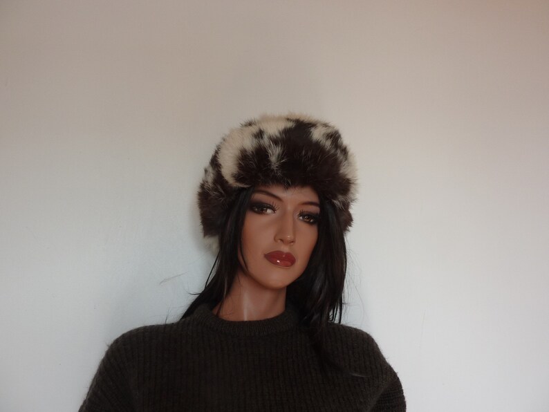 Vintage Fur Trapper Hat Brown White Quilted Lining Rabbit Unisex Russian Winter Hat Skiing 59
