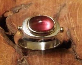 GARNET RING, UNIQUE and Beautiful Two Tone Sterling Silver & 14K Yellow Gold Ring with genuine Cabochon Garnet Gemstone handcrafted Art Ring