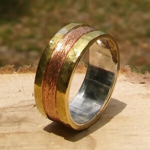 RUSTIC design, Unisex Rustic wedding band, promise ring- Unique Rustic Artisan Sterling Silver Copper and Brass Handmade Ring!!!