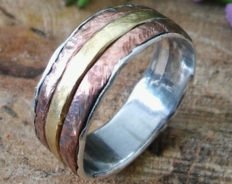 RUSTIC ARTISAN BAND, Mens wedding band, Rustic Artisan distressed design Sterling Silver Copper and Brass Handmade Ring!