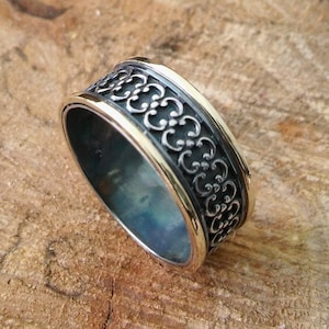 Unique Artisan Ring, Handmade Sterling silver & 14K yellow gold wedding band, oxidized with art filigree design, Wedding Engagement ring!