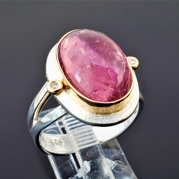 PINK TOURMALINE & DIAMONDS Ring ~When Metal Meets Beauty Collection~ Sterling Silver and 18k Yellow gold Handmade, Statement Engagement Ring
