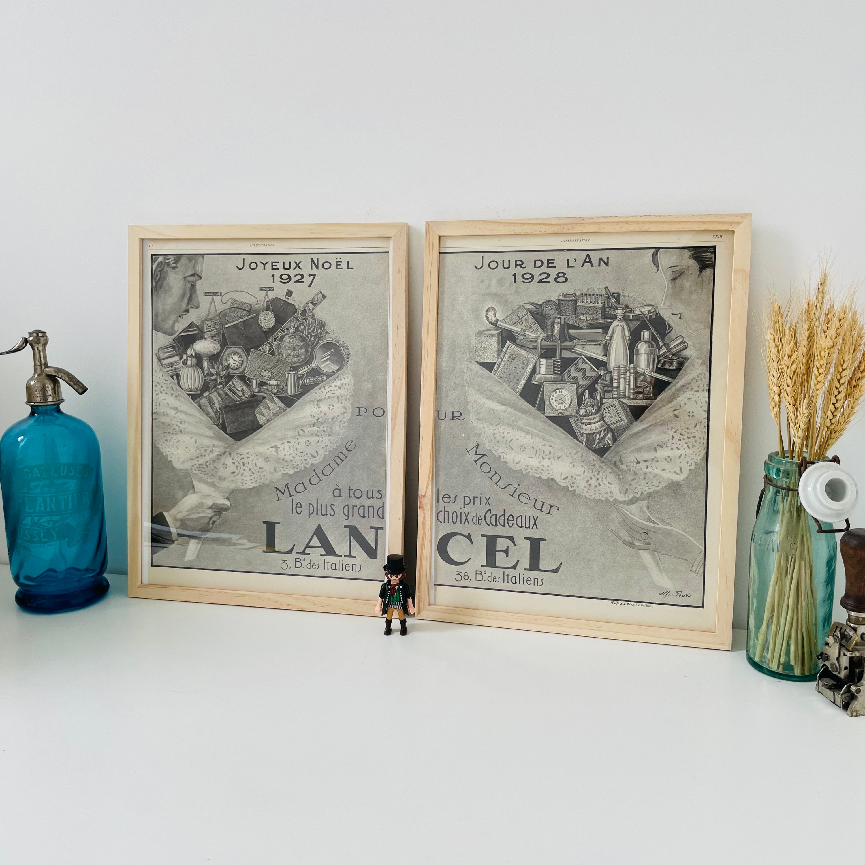 Double Illustration Cadeau Lancel - Publicité Vintage de 1926 Deux Affiche 30x40cm