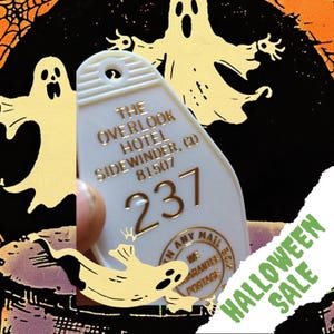 White Gold block lettered &quot;The Shining&quot; inspired OVERLOOK HOTEL Room 237 KEYCHAIN