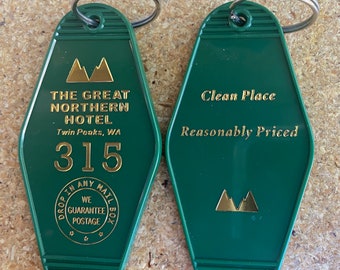 mountain version Twin Peaks Inspired "GREAT NORTHERN HOTEL keychain - Green with Gold Lettering  (front side printed) ships Dec 5th!