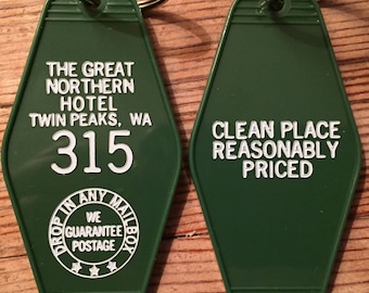 Green with white printed "Twin Peaks" Inspired "GREAT NORTHERN hotel keychain