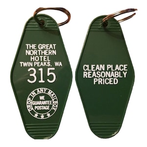 Green with white printed "Twin Peaks" Inspired "GREAT NORTHERN hotel keychain