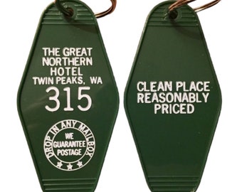 Green with white printed "Twin Peaks" Inspired "GREAT NORTHERN hotel keychain