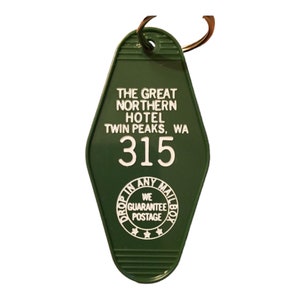 Green with white printed Twin Peaks Inspired GREAT NORTHERN hotel keychain image 2