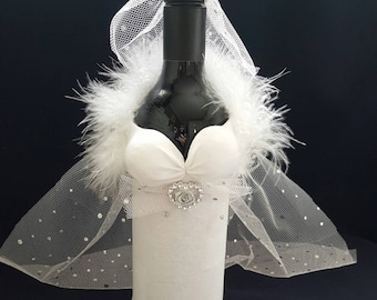 Wine/champagne bottle cover for Bride, White Wedding Gown with train, headdress and veil, Gift for Weddings