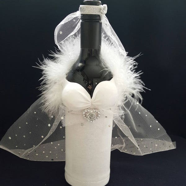 Wine/champagne bottle cover for Bride, White Wedding Gown with train, headdress and veil, Gift for Weddings