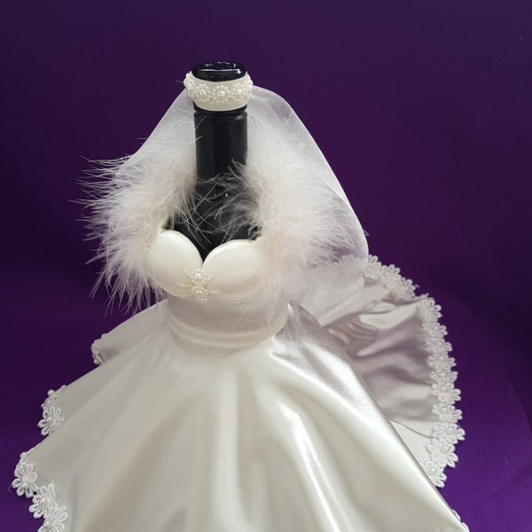 Wine/champagne Ivory or white Wedding gown bottle cover with headdress, veil and tulle underskirt