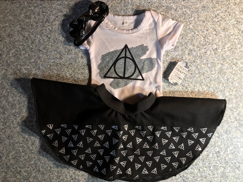 Bodysuit and HP fabric skirt set Free headband bow Silver 3-6 Deathly Hallows Harry Potter baby girl outfit Free Shipping Hogwarts