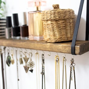 Jewelry Organizer Wall Hanging Shelf, Necklace Holder With Shelf, Jewelry Hanger For Wall, Solid Wooden Shelf with Metal Hooks image 10