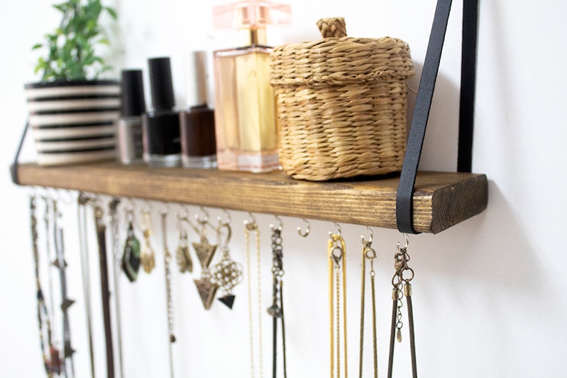 Jewelry Organizer Wall Hanging Shelf, Necklace Holder With Shelf, Jewelry Hanger For Wall, Solid Wooden Shelf with Metal Hooks image 10