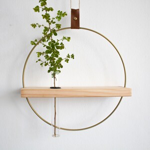 May include: A gold metal hoop with a wooden shelf and a glass test tube vase. The hoop is hanging from a brown leather strap. A small plant is in the vase.