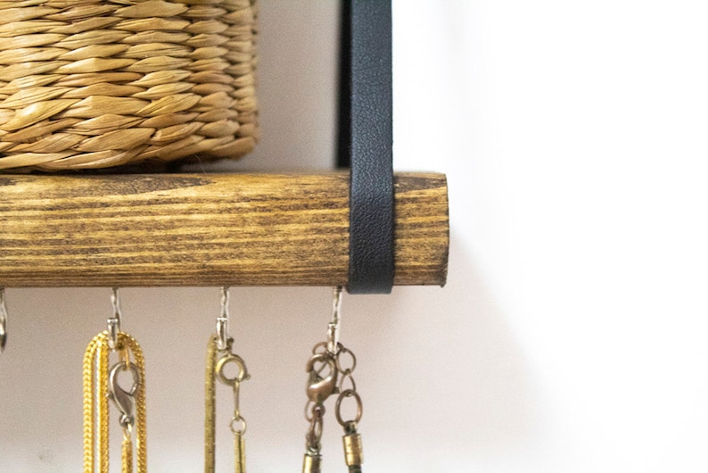 Jewelry Organizer Wall Hanging Shelf, Necklace Holder With Shelf, Jewelry Hanger For Wall, Solid Wooden Shelf with Metal Hooks image 8