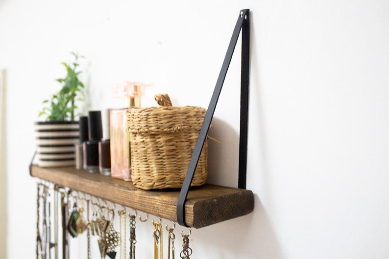 Jewelry Organizer Wall Hanging Shelf, Necklace Holder With Shelf, Jewelry Hanger For Wall, Solid Wooden Shelf with Metal Hooks image 9