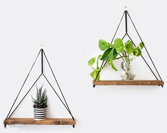 Set of 2 Geometric Shelves Floating Wood Shelves Macrame Shelves Plants Shelves Rope Shelves Swing Shelves Wooden Hanging Shelves