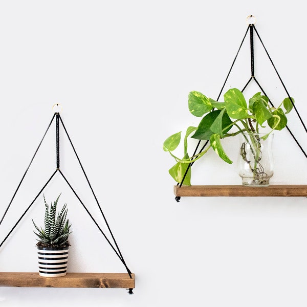 Set of 2 Geometric Shelves Floating Wood Shelves Macrame Shelves Plants Shelves Rope Shelves Swing Shelves Wooden Hanging Shelves