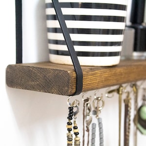 Jewelry Organizer Wall Hanging Shelf, Necklace Holder With Shelf, Jewelry Hanger For Wall, Solid Wooden Shelf with Metal Hooks image 4