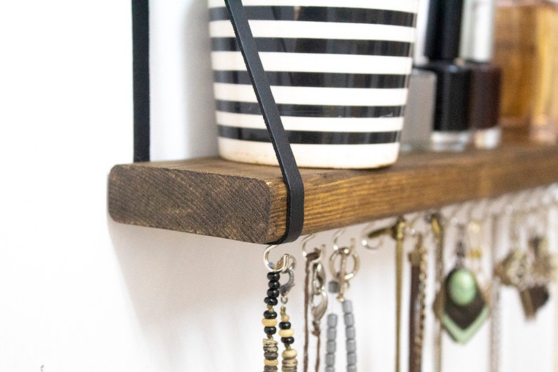 Jewelry Organizer Wall Hanging Shelf, Necklace Holder With Shelf, Jewelry Hanger For Wall, Solid Wooden Shelf with Metal Hooks image 4