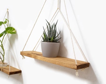 Wooden Floating Shelf  Hanging Shelves Planter Shelf Swing Shelf Geometric Shelves Rope Shelving Macrame Shelf Hanging Shelves Rope