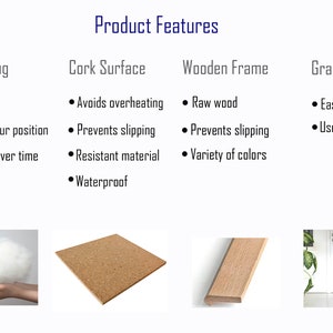 Pu&ograve; includere: Caratteristiche del prodotto di un cuscino con imbottitura in cotone, una superficie in sughero, una cornice in legno e una maniglia. Il cuscino &egrave; morbido e si adatta alla tua posizione. La superficie in sughero &egrave; impermeabile e antiscivolo. La cornice in legno &egrave; realizzata in legno grezzo ed &egrave; disponibile in una variet&agrave; di colori. La maniglia facilita il trasporto del cuscino.