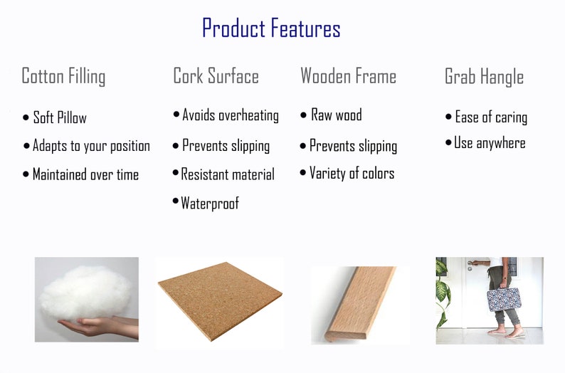 Pu&ograve; includere: Caratteristiche del prodotto di un cuscino con imbottitura in cotone, una superficie in sughero, una cornice in legno e una maniglia. Il cuscino &egrave; morbido e si adatta alla tua posizione. La superficie in sughero &egrave; impermeabile e antiscivolo. La cornice in legno &egrave; realizzata in legno grezzo ed &egrave; disponibile in una variet&agrave; di colori. La maniglia facilita il trasporto del cuscino.