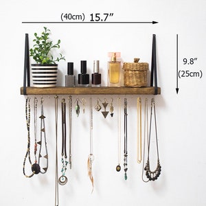 Jewelry Organizer Wall Hanging Shelf, Necklace Holder With Shelf, Jewelry Hanger For Wall, Solid Wooden Shelf with Metal Hooks image 2