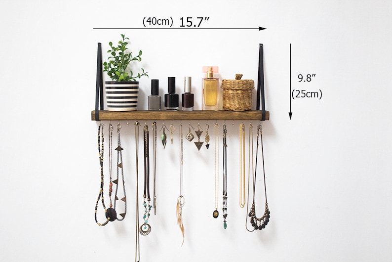 Jewelry Organizer Wall Hanging Shelf, Necklace Holder With Shelf, Jewelry Hanger For Wall, Solid Wooden Shelf with Metal Hooks image 2