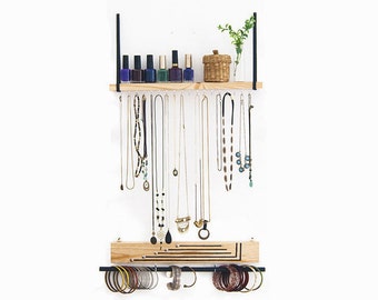 Wall Mount Jewelry Organizer For Storage Solid Wood Shelf with Metal Hooks Jewelry Organizer Necklace Holder and Bracelets Holder