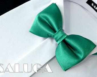 Satin men's children's bow tie suspenders pocket square emerald green