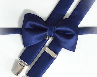 Dark blue men's children's bow tie suspenders + pocket square