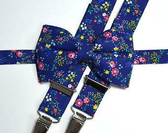 Men's bow tie and suspenders - floral set - blue