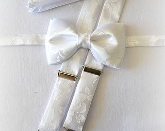 Luxury men's wedding white bow tie suspenders and handkerchief - patterned