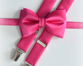 Men's pink fuchsia set - bow tie suspenders and pocket square