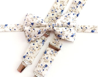 Men's bow tie and suspenders - ivory - cream - floral