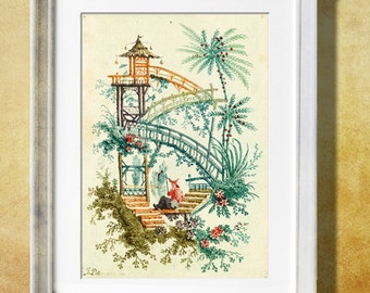 Antique Chinese Wallpaper Illustration , Pagoda Stairs Flowers Fisherman , Digital Download, Printable Home Decor