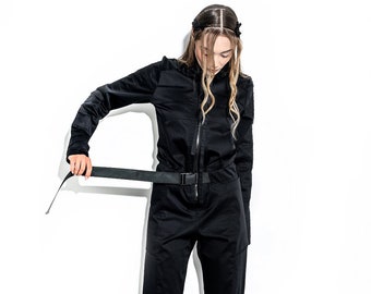 Techwear womens jumpsuit, futuristic costume, cosplay black flight suit, sci fi coveralls, cyberpunk clothing mdnt45, A0364