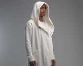 Geometric hooded coat, men white futuristic jacket, long cardigan, Jedi Star Wars style, plus size asymmetric cloak, spring fashion, A0008