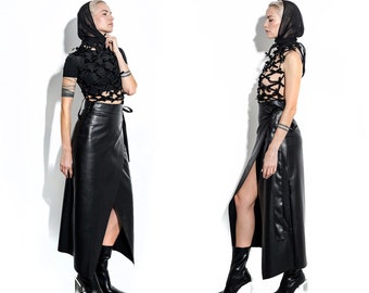 Black long midi skirt, high waist faux leather skirt women, belted pencil wrap skirt, high rise slit skirt, futuristic clothing, A0232