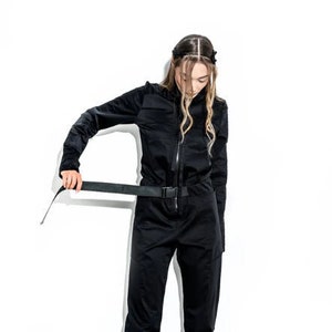 Techwear womens jumpsuit, futuristic costume, cosplay black flight suit, sci fi coveralls, cyberpunk clothing mdnt45, A0364