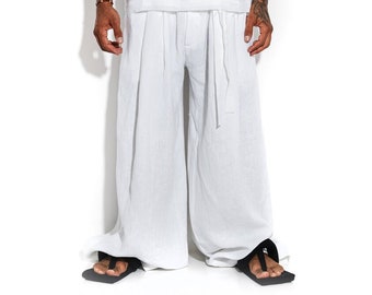 Pantalon palazzo plissé pour hommes, pantalon de yoga en lin blanc, pantalon large bohème ceinturé, pantalon long japonais samouraï, entrejambe tombant surdimensionné, A0565
