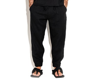 Loungewear linnen broek, zwart/witte cargobroek, heren yogabroek, minimalistische hippiebroek, joggers heren, Japanse broek, mdnt45, A0343