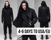 Hooded asymmetrical men coat, cyberpunk gothic black long jacket, post apocalyptic assassins cosplay Jedi outfit, oversized cardigan, A0159