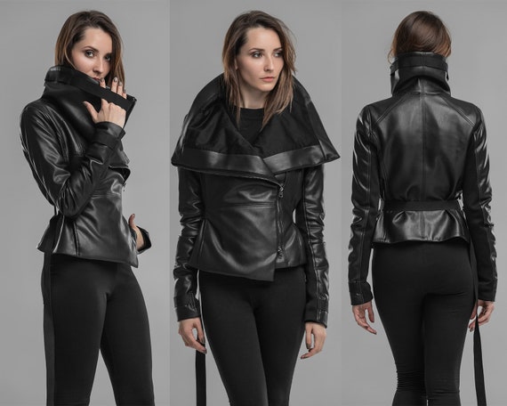 Black Cropped Faux Leather Jacket Gothic High Collar Womens - Etsy