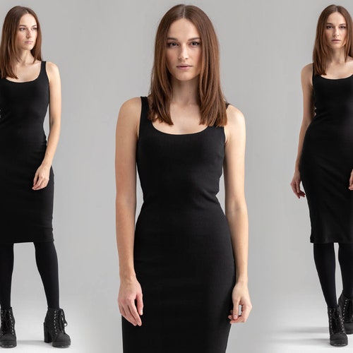 Casual Summer Dress Basic Black Midi 