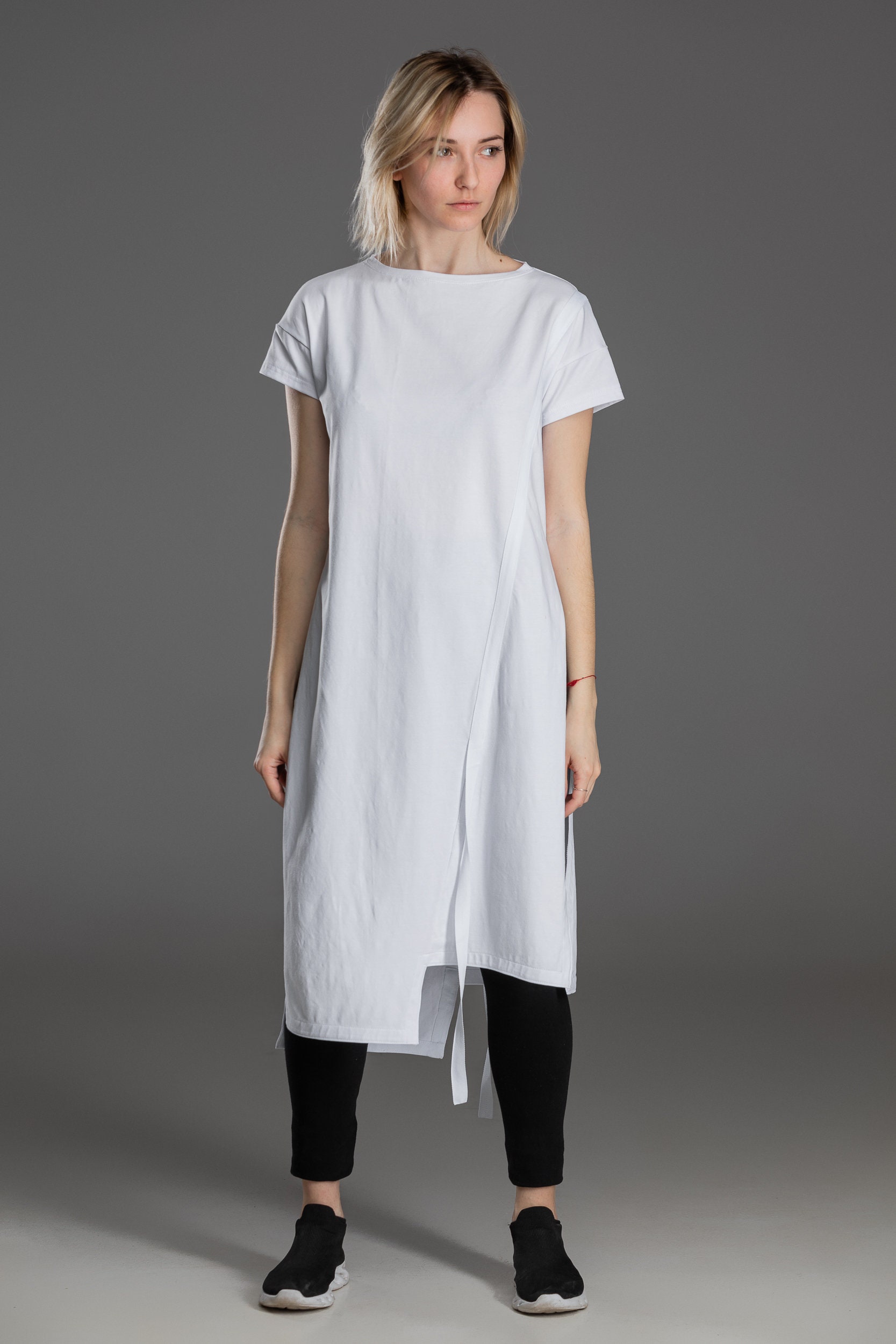Short sleeve cotton tunic white asymmetric women shirt dress | Etsy