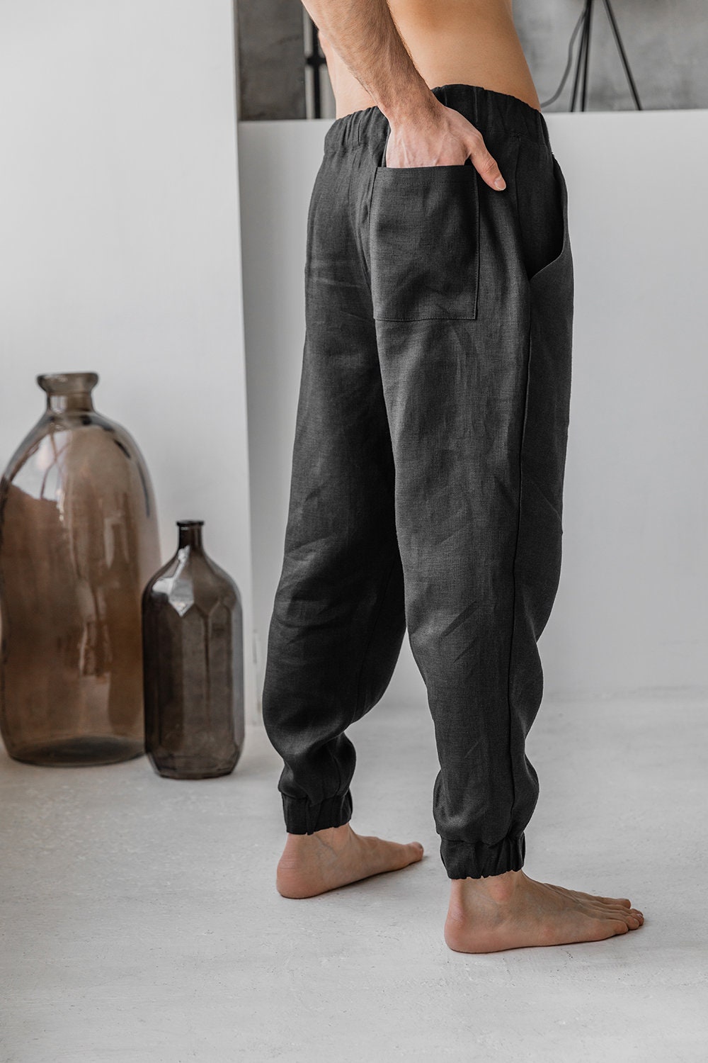 Mens black linen pants samurai wide leg pants bohemian harem Etsy